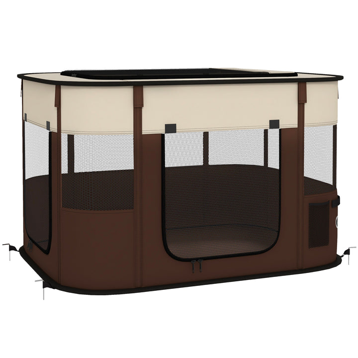 Foldable Dog Pen with Storage Bag for Indoor/Outdoor Use, Portable Pet playpen, with Ground Stakes - Brown