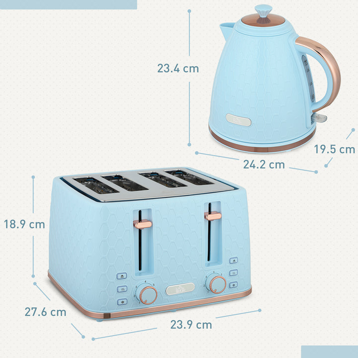 Kettle and Toaster Set, 1.7L 3000W Fast Boil Jug Kettle, 4 Slice Toaster with 7 Level Browning Controls, Light Blue