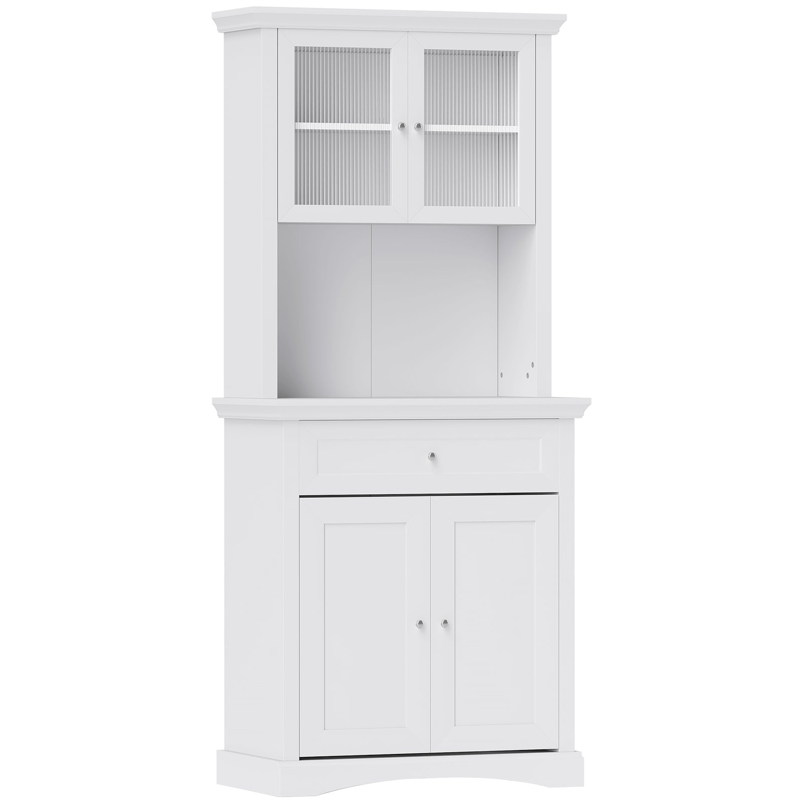 4-Door Kitchen Cupboard with Drawer, Freestanding Kitchen Cabinet with Glass Doors, Adjustable Shelves and Open Counter, White