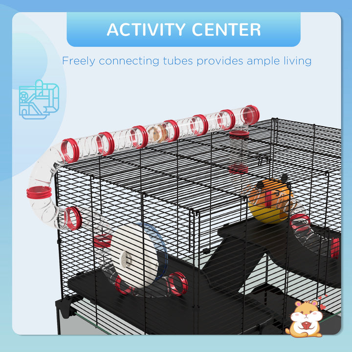 Gerbil Cage, Dwarf Hamster Cage, with Deep Glass Bottom, Tunnels, Ramps, Hut, Exercise Wheel, 78.5 x 48.5 x 57cm