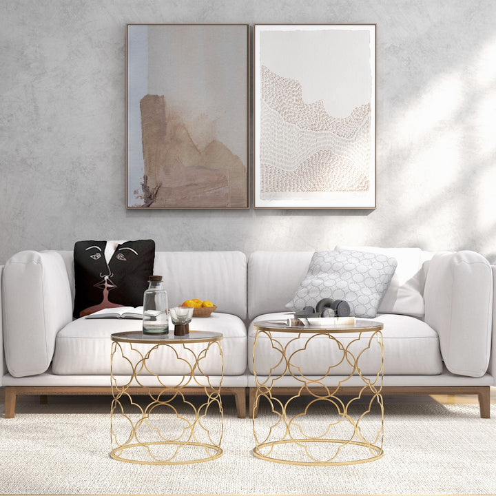 Nesting Tables Set of 2, Modern Stacking Side End Table with Tempered Glass Top, Metal Frame for Living Room Bedroom Office, Gold Tone
