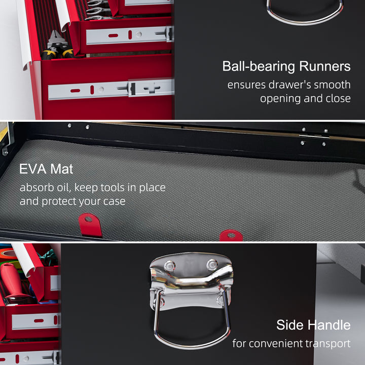 HOMCOM 6 Drawer Tool Chest, Lockable Metal Tool Box with Top Case, Ball Bearing Runners, Portable Toolbox, 600mm x 260mm x 340mm, Red | Aosom UK