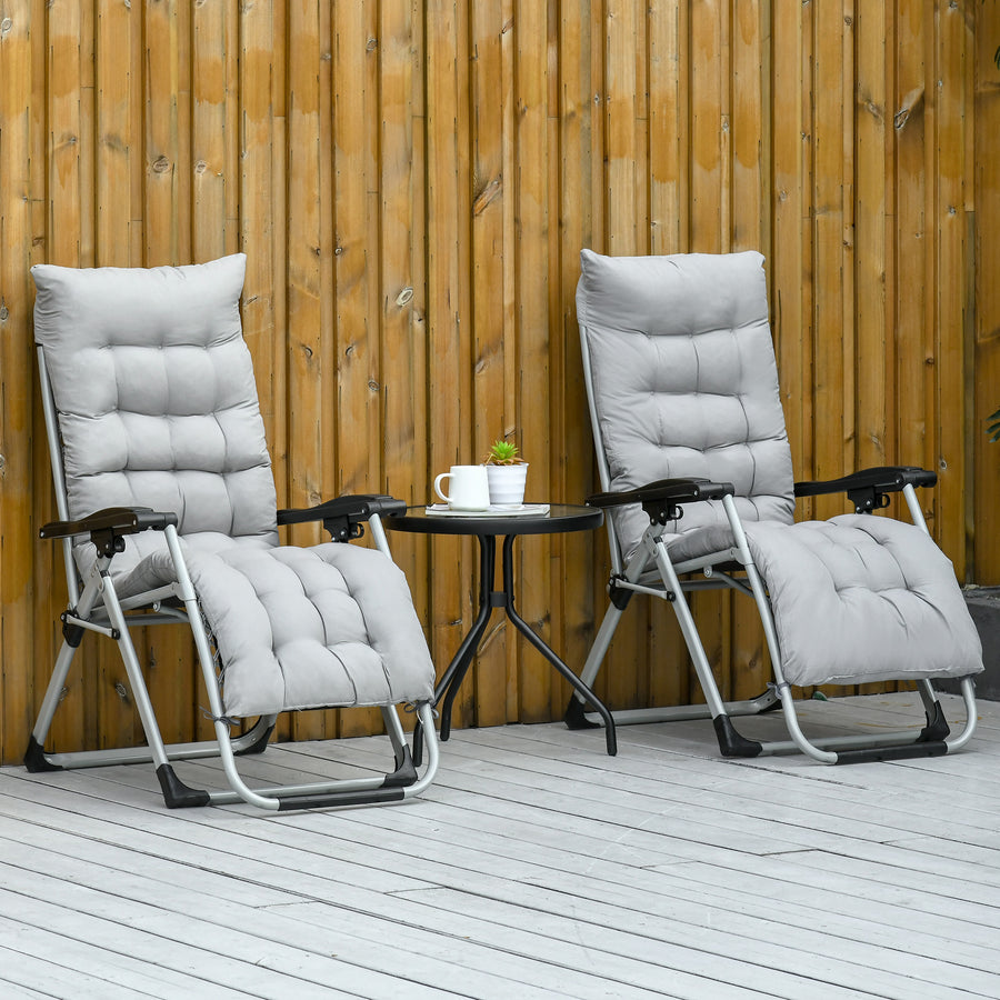 2pc Reclining Zero Gravity Sun Loungers ,Folding Chaise Lounge Chair with Cushions, Light Grey