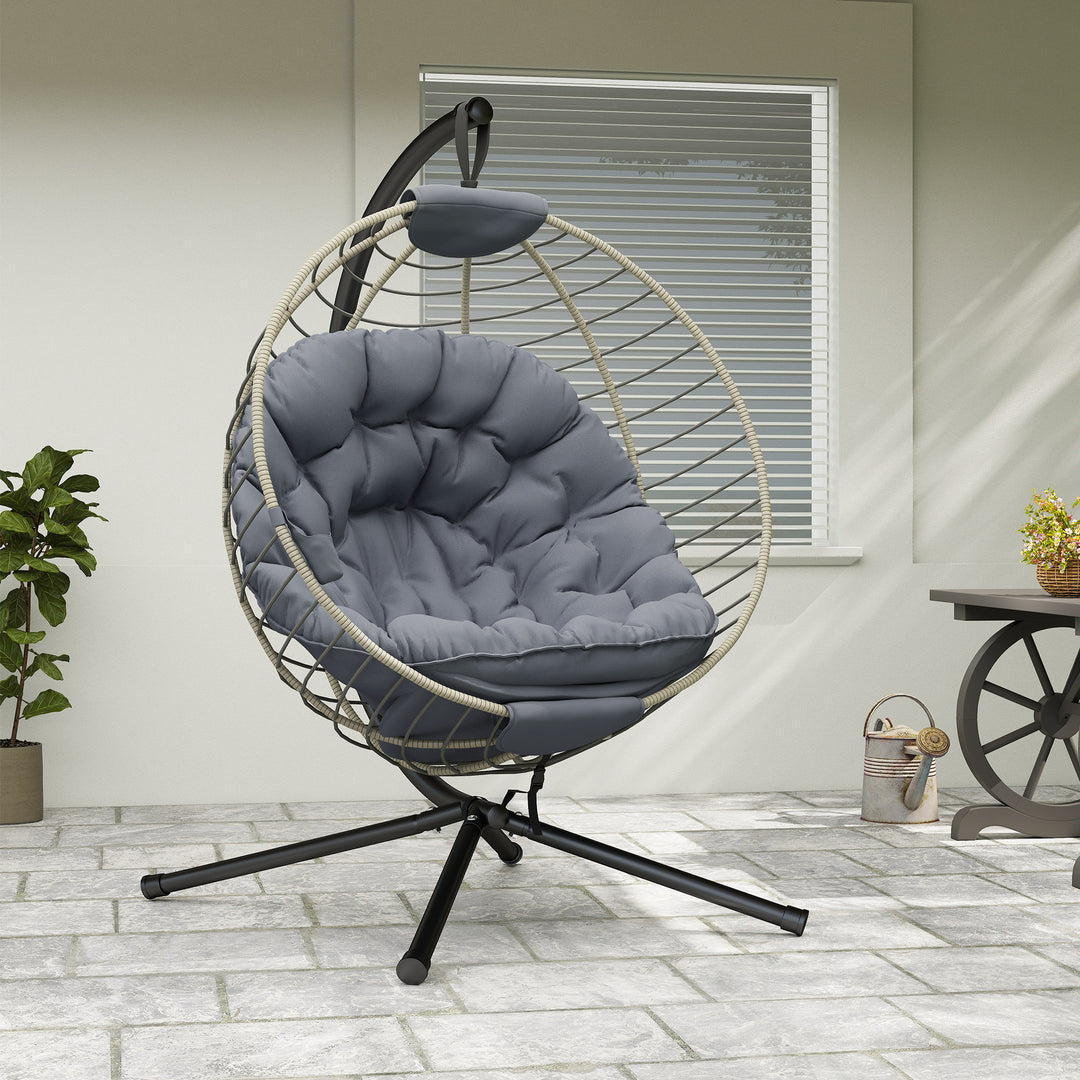 PE Rattan Swing Chair, Outdoor Hanging Chair with Metal Stand, Thick Padded Cushion, Foldable Basket and Cup Holder, for Indoor and Outdoor, Grey