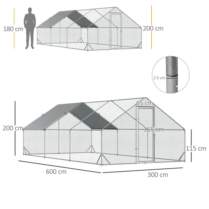Large Hen Coop, Galvanised Walk In Chicken Run with Cover, 6 x 3 x 2m, Silver