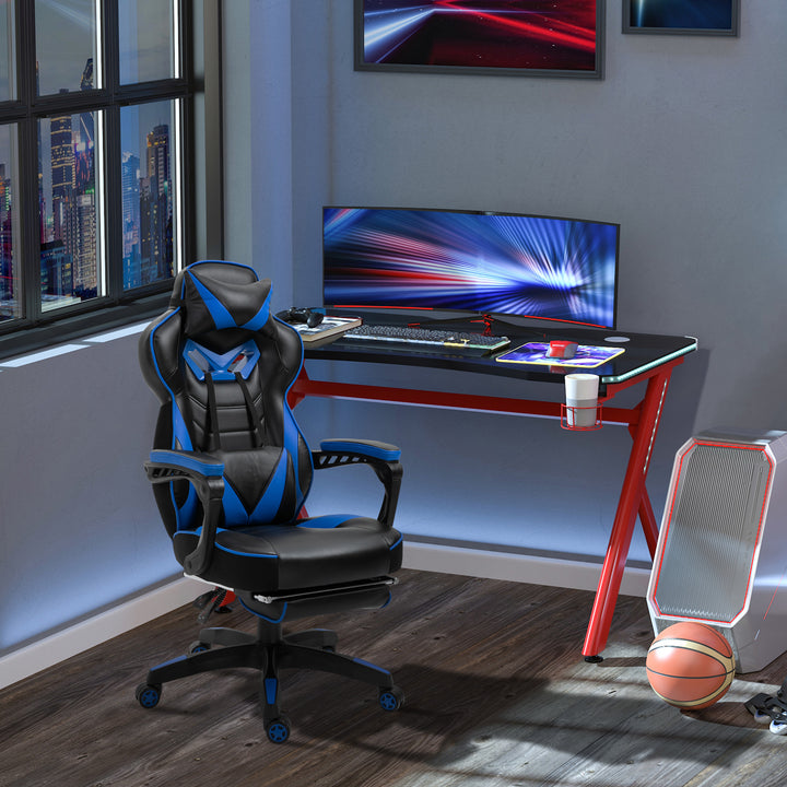 Faux Leather Reclining Gaming Chair, with Footrest - Blue/Black