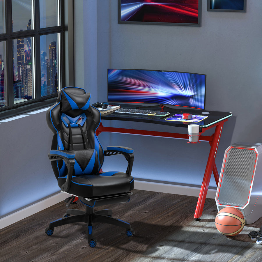 Faux Leather Reclining Gaming Chair, with Footrest - Blue/Black