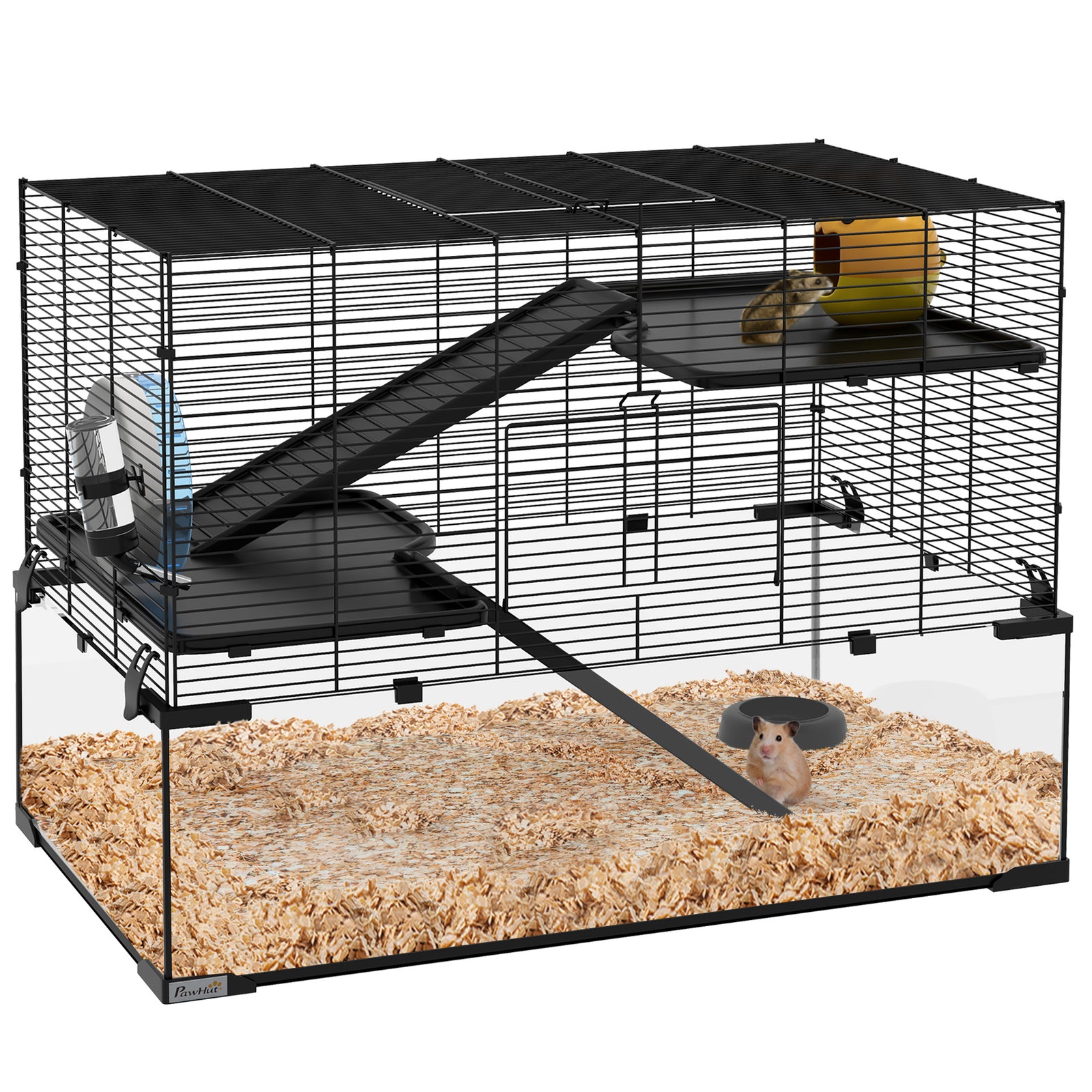 3 Tiers Hamster Cage, Gerbil Cage with Deep Glass Bottom, Non-Slip Ramps, Platforms, Hut, Exercise Wheels, Water Bottle, Dish, for Syrian Hamster, Dwarf Hamster, 78.5 x 48.5 x 54.5cm