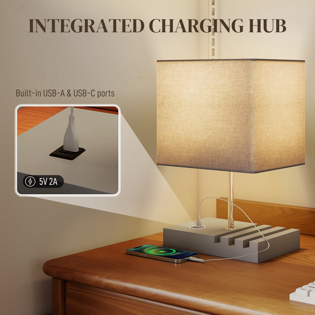 Bedside Lamp with USB A+C Charging Ports and 3 Phone Stands, Modern Table Lamp with Solid Wood Base and Fabric Shade for Bedroom Living Room Office, E27 Socket, Bulb Not Included