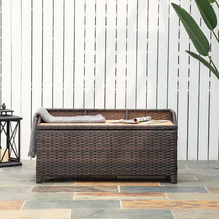 Outsunny Rattan Wicker Outdoor Storage Bench with Cushion, Brown, Patio PE Rattan, Elegant Seating and Storage Solution