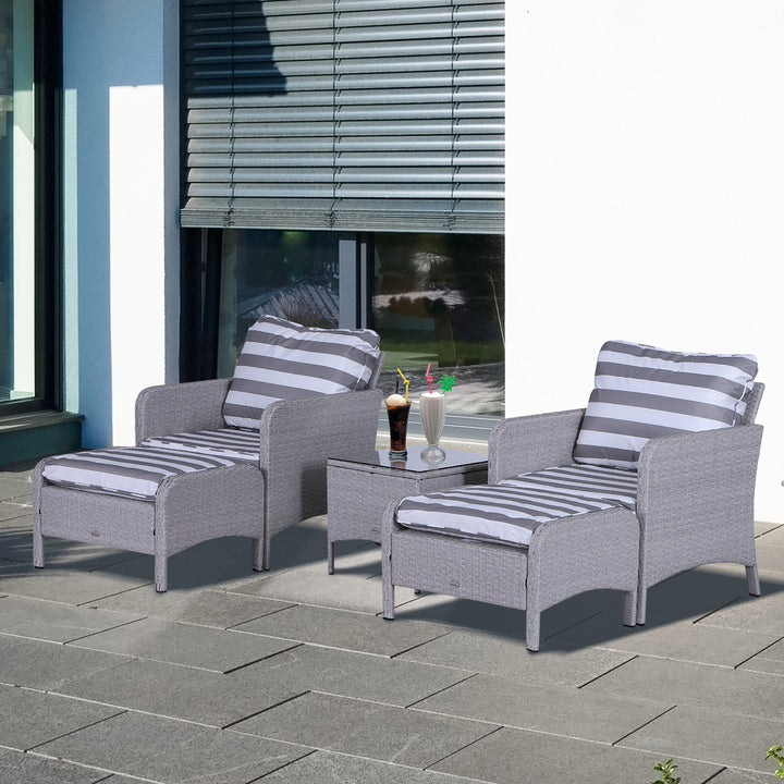 Outsunny 2 Seater PE Rattan Garden Furniture Set, 2 Armchairs 2 Stools Glass Top Table Cushions Wicker Weave Chairs Outdoor Seating - Grey | Aosom UK