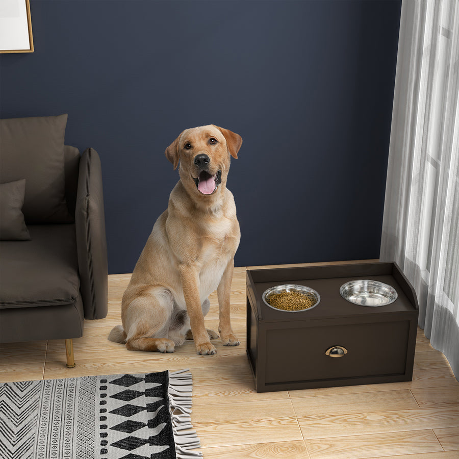 Stainless Steel Raised Dog Bowls, with 21L Storage Drawer for Large Dogs - Brown