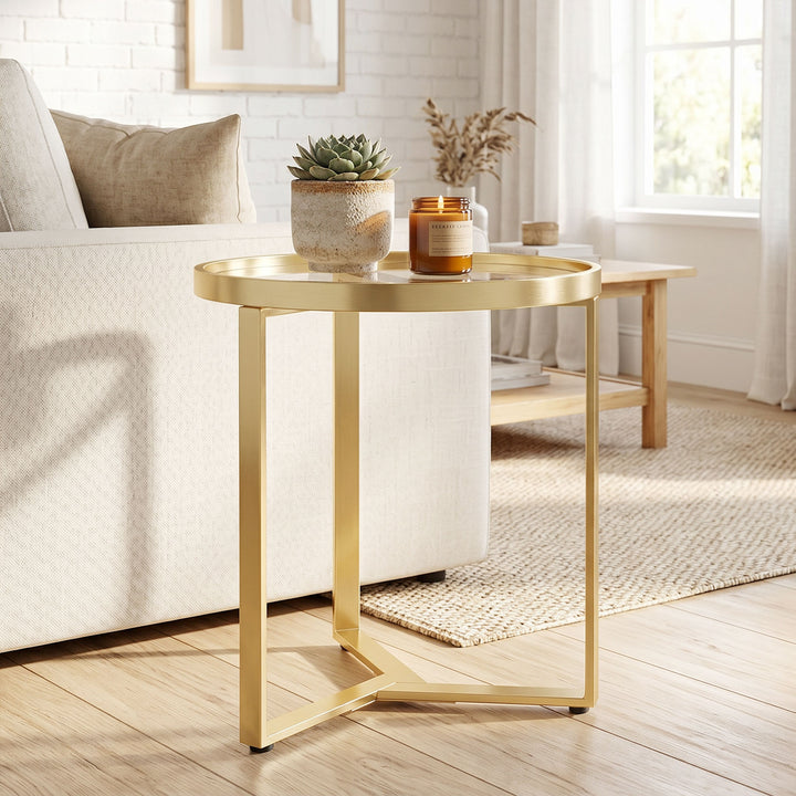 Round Side Table with Tempered Glass Top and Geometric Metal Frame for