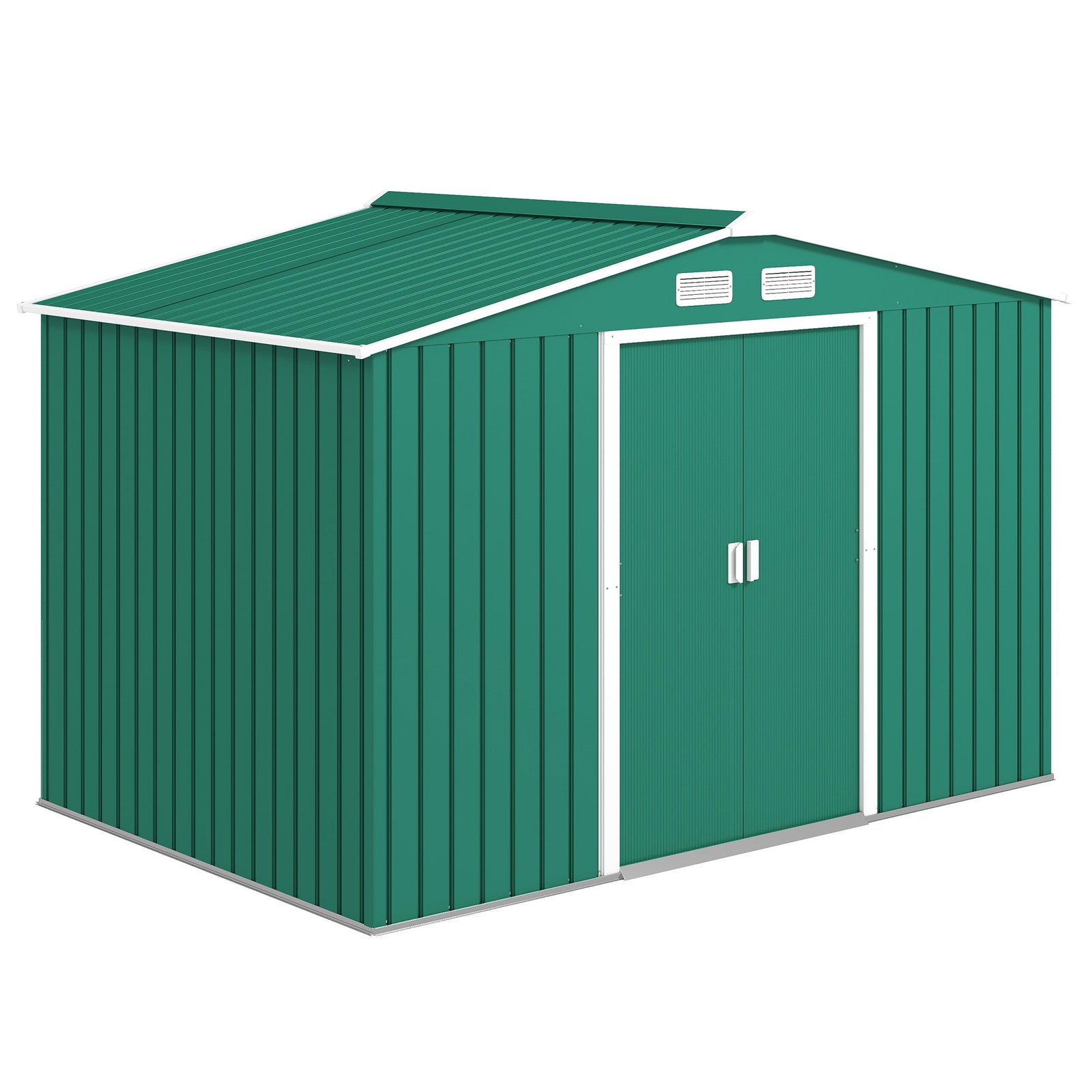 9 x 6ft Metal Garden Shed, Outdoor Storage Tool House with Ventilation Slots, Foundation Kit and Lockable Double Doors, Green