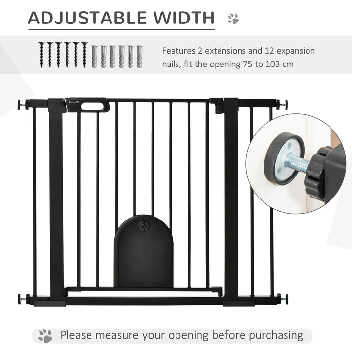 PawHut 75-103 cm Extra Wide Pet Safety Gate Barrier, Stair Pressure Fit, w/ Small Door, Auto Close, Double Locking, for Doorways, Black | Aosom UK