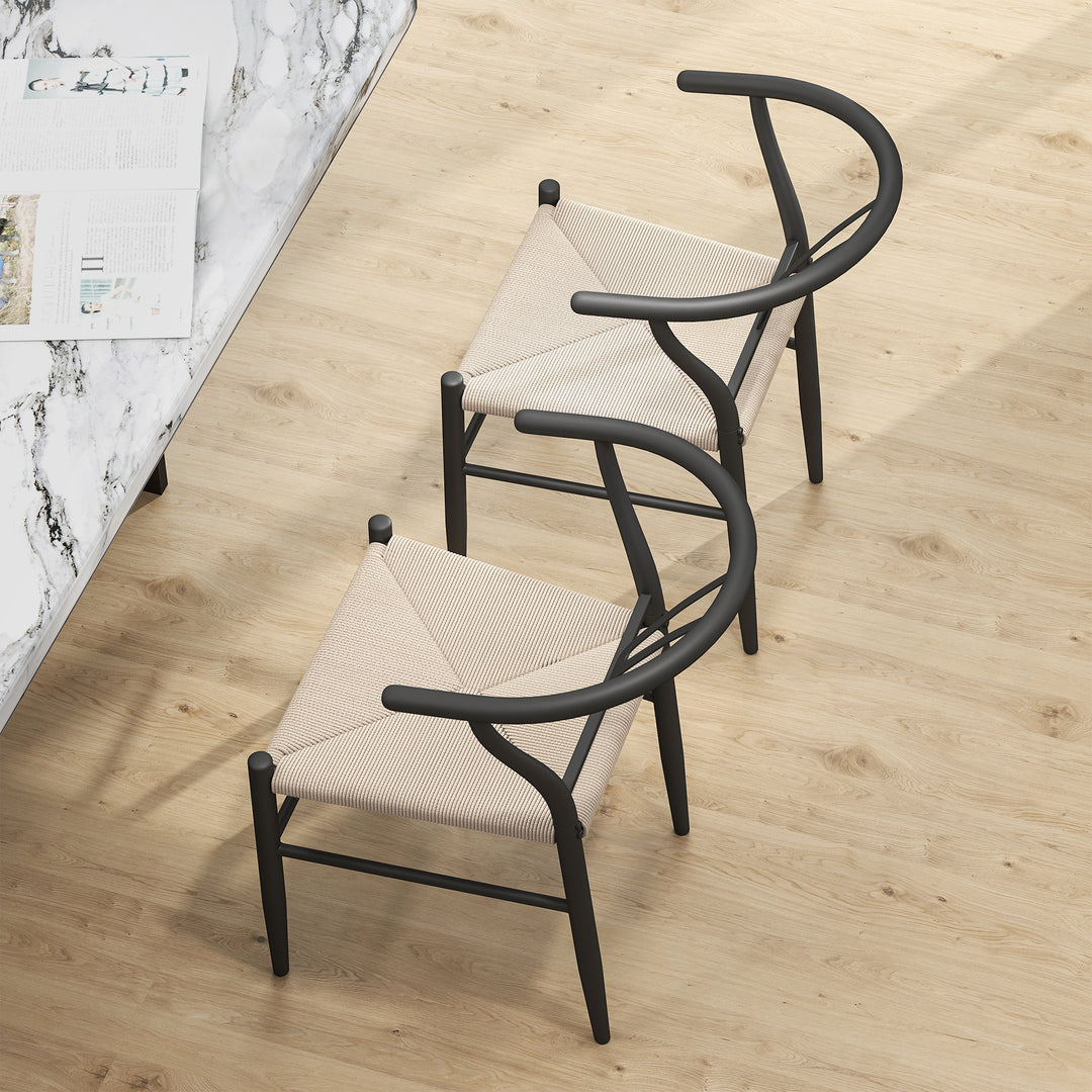 Set of Two Weave Dining Chairs with Y-Shaped Backrest Hemp Seat - Black/Beige