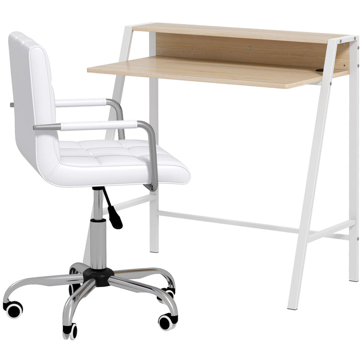 HOMCOM Office Chair and Desk Set, Faux Leather Swivel Chair, Study Desk with Storage Shelf, White. | Aosom UK