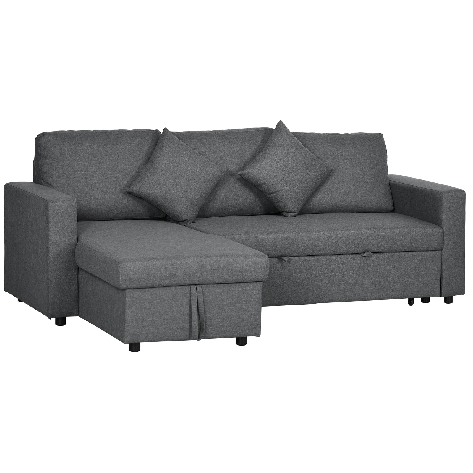 Corner Sofa Bed with Storage, 3 Seater Pull Out Sofa Bed, Convertible L Shape Sofa Couch with Reversible Chaise Lounge for Living Room, Dark Grey