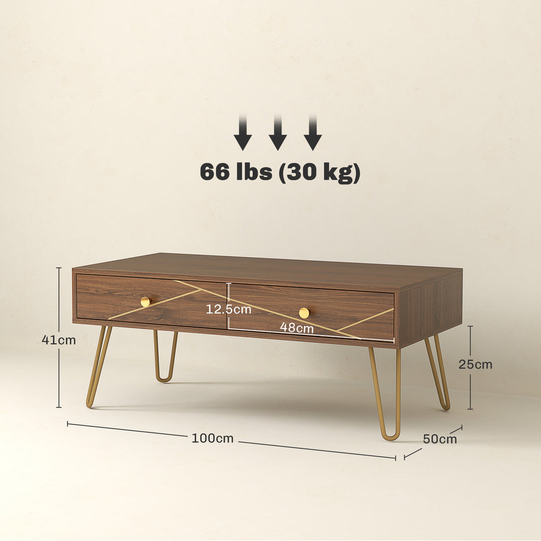 Coffee Table with Storage, Living Room Table with Drawers, Rectangular Tea Table with Steel Base for Home, 100 x 50 x 41 cm, Brown