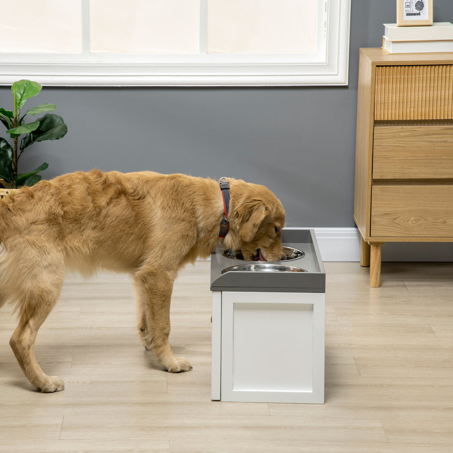 Stainless Steel Raised Dog Bowls, with 21L Storage Drawer for Large Dogs and Cats - White