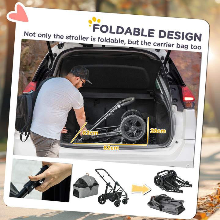 Dog Pram Pet Stroller for Small Dogs Cats, Foldable Dog Pushchair Trolley with Detachable Pet Carrier Bag, Shock Absorber, Adjustable Handlebar, Grey