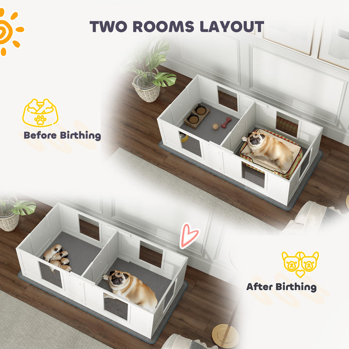 Two Room Design, Whelping Box for Dogs with Whelping Pad, Clear Panels, Adjustable Entrance, for Small Dogs, 164 x 80cm