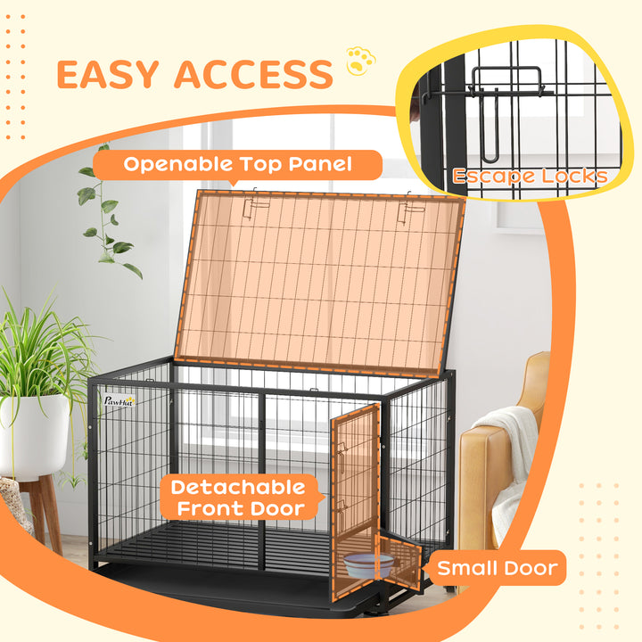 PawHut 43" Heavy Duty Dog Crate on Wheels w/ Bowl Holder, Removable Tray, Detachable Top, Double Doors for L, XL Dogs