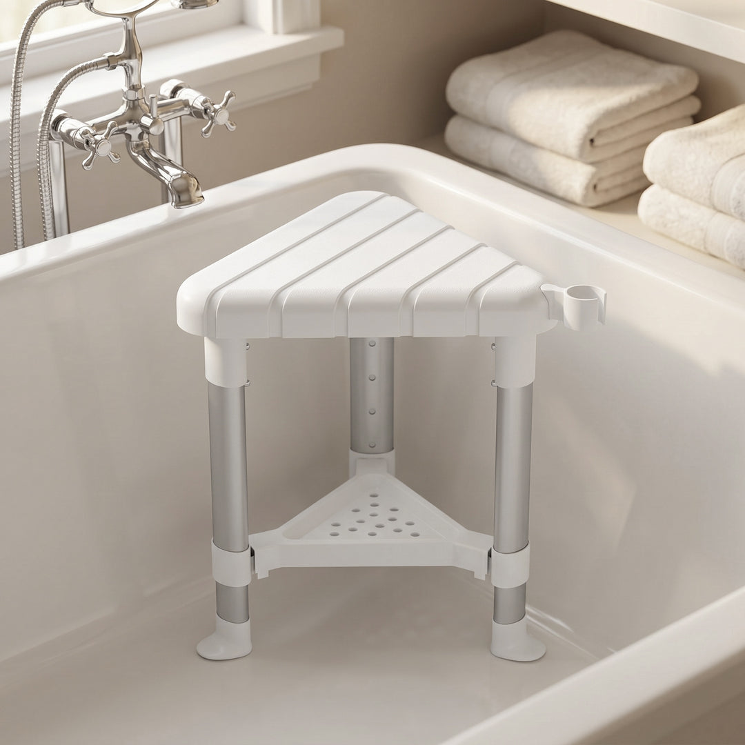 Shower Stool, Aluminium Alloy Corner Shower Chair with Storage Shelf a