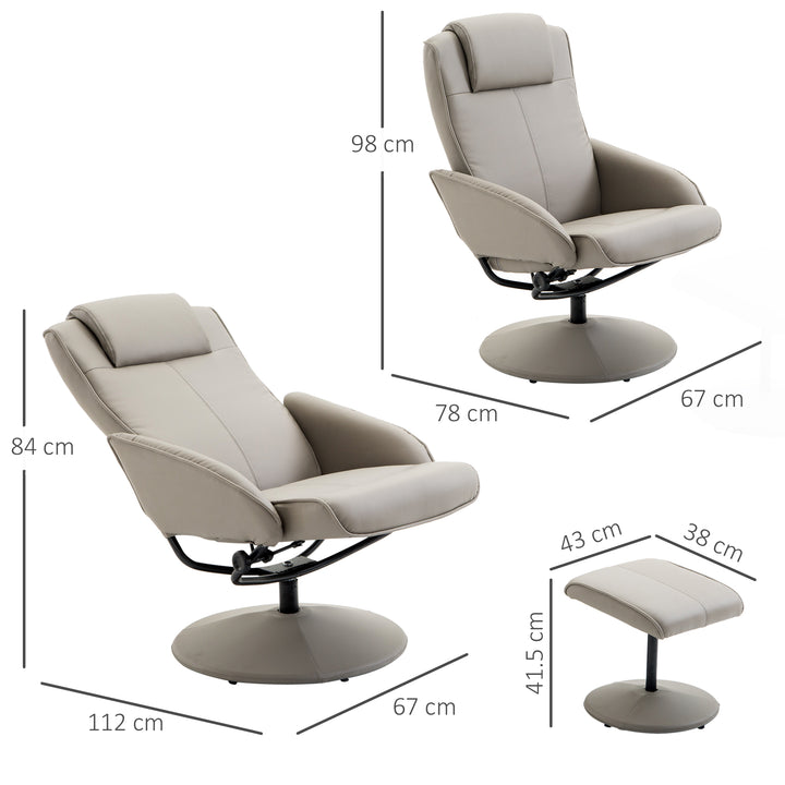 Recliner Chair and Footstool, Swivel PU Leather Upholstered Armchair with Footstool and Adjustable Backrest for Living Room, Bedroom, Grey
