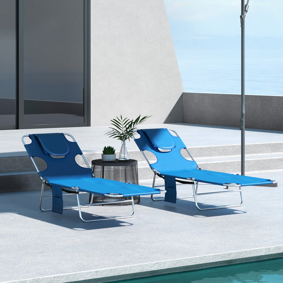Foldable Sun Lounger Set of 2 with Reading Hole, Portable Sun Lounger with 5 Level Adjustable Backrest, Reclining Lounge Chair with Side Pocket, Headrest Pillow, Blue