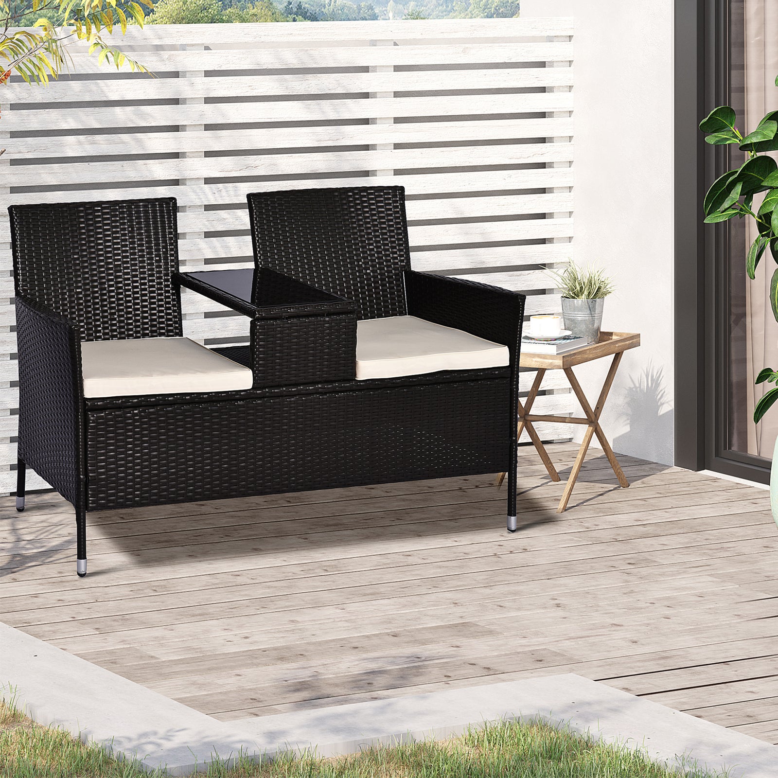 2 Seater Rattan Campanion Chair Wicker Loveseat Outdoor Patio Armchair with Drink Table Garden Furniture - Dark Brown