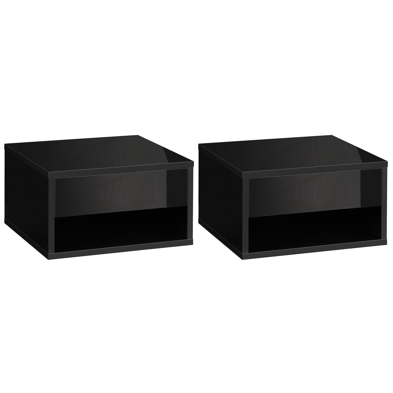 2 Pieces Bedside Table Wall Mounted Nightstand with Drawer and Shelf for Bedroom, 37 x 32 x 21cm, High Gloss Black