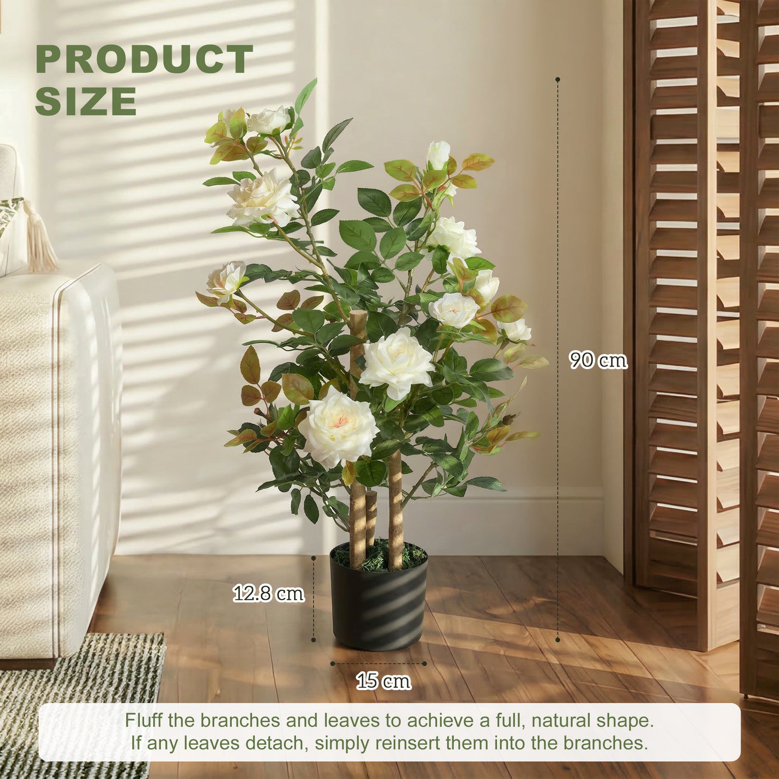 90cm Artificial Rose Tree, Decorative Fake Plant with 344 Silk Leaves 