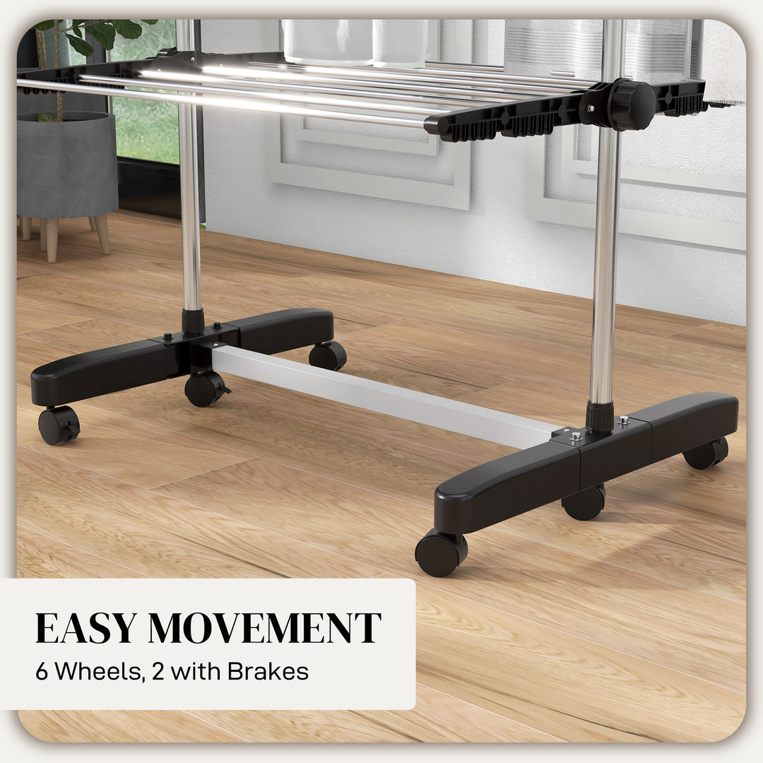 Four-Shelf Collapsing Clothes Horse, With Side Arms and Wheels - Black