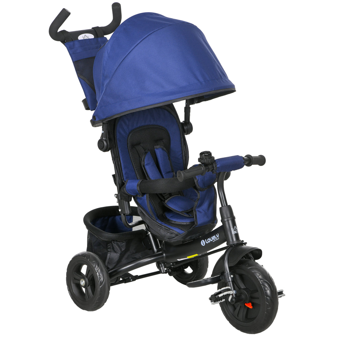 6 in 1 Kids Trike Push Bike with Push Handle, Canopy, 5-point Safety Belt, Storage, Footrest, Brake, for 1-5 Years, Dark Blue