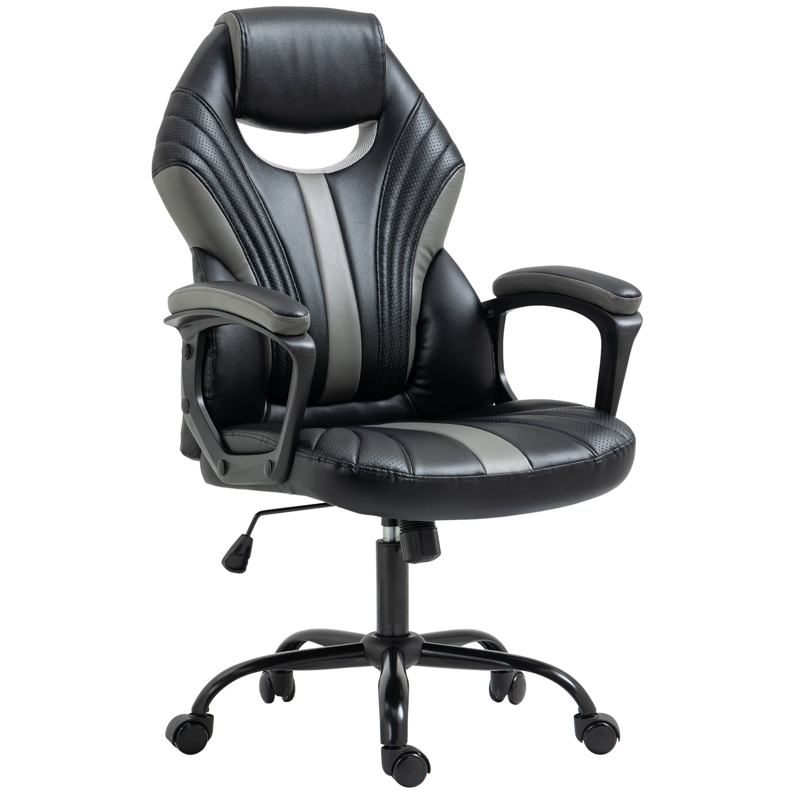 Computer Gaming Chair, Desk Chair with Breathable PU Leather Back and Seat, Soft Padded Armrests and Rolling Wheels for Adults and Gamers, Black
