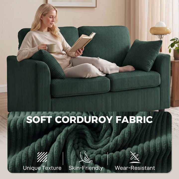 2 Seater Sofa, Corduroy Small Couch with Spring Cushion, Wide and Deep