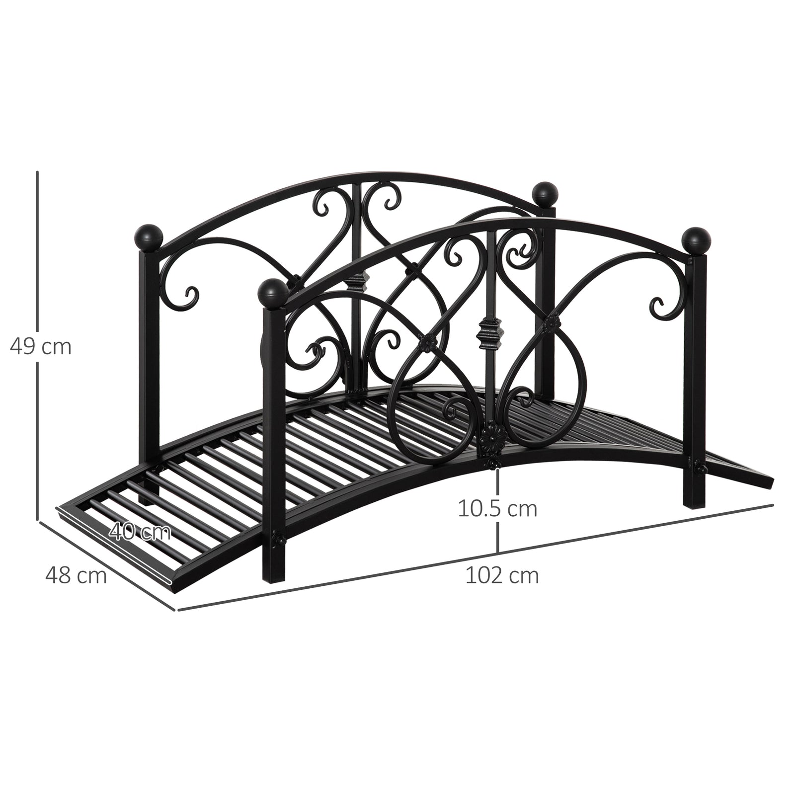 102L x 48W x 49H Classic Metal Garden Bridge with Safety Railings Arc 
