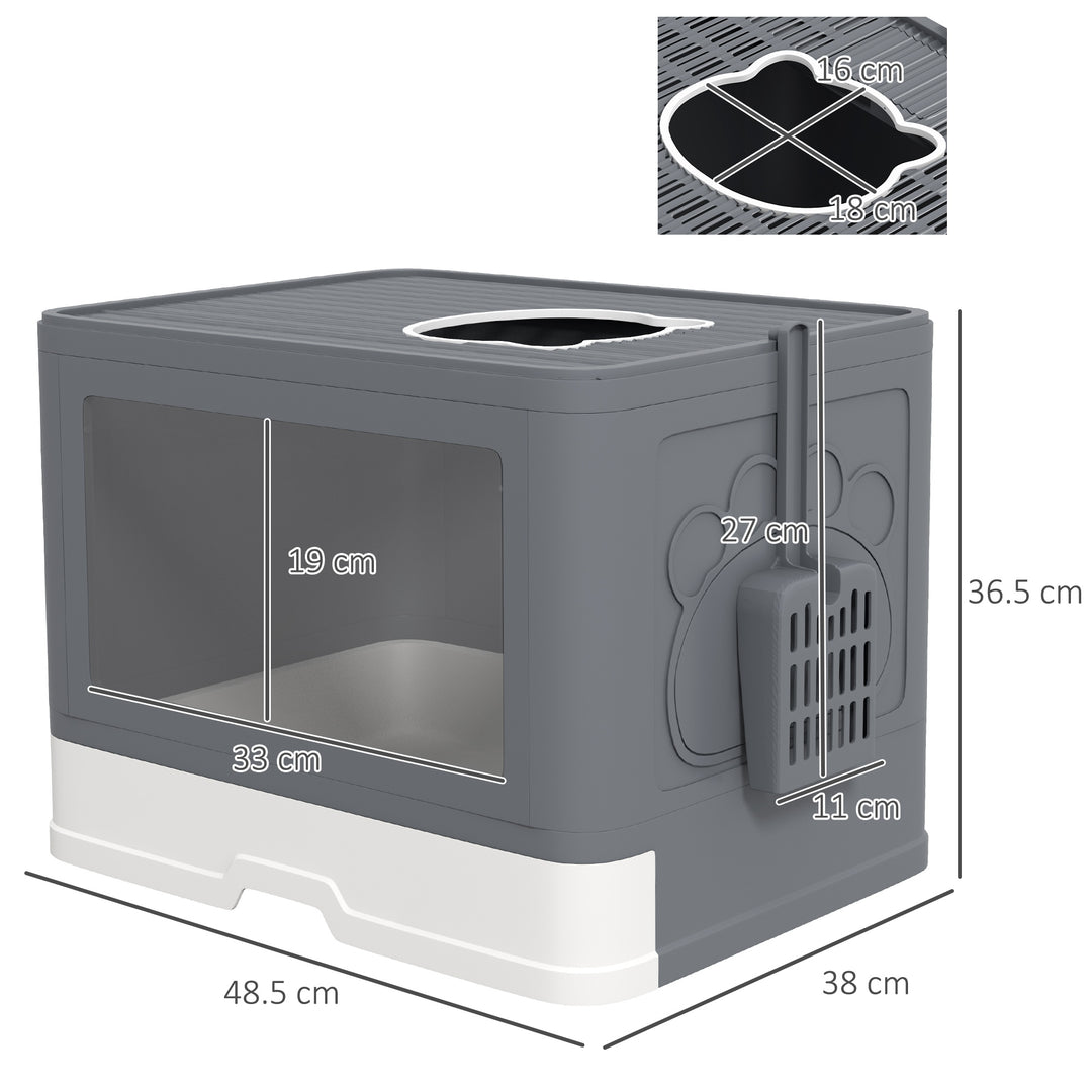 PawHut Enclosed Cat Litter Box: Front/Top Entry, Drawer Tray & Accessories, Grey | Aosom UK