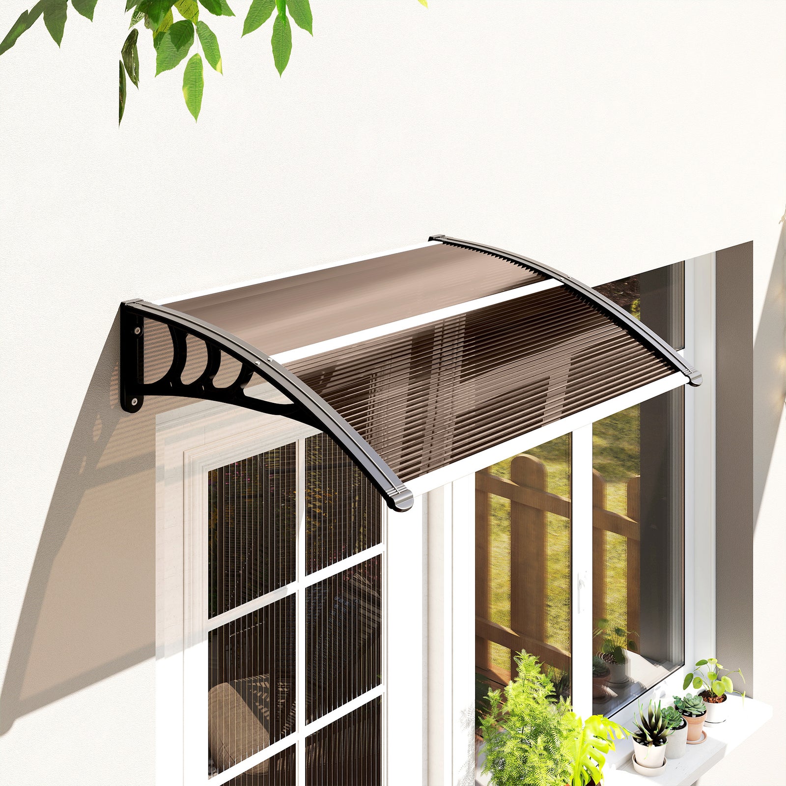 Front Door Canopy Outdoor Awning Aluminium Rigid Plastic Polycarbonate Rain Shelter UV Water Rain Resistant 100 x 75cm Brown