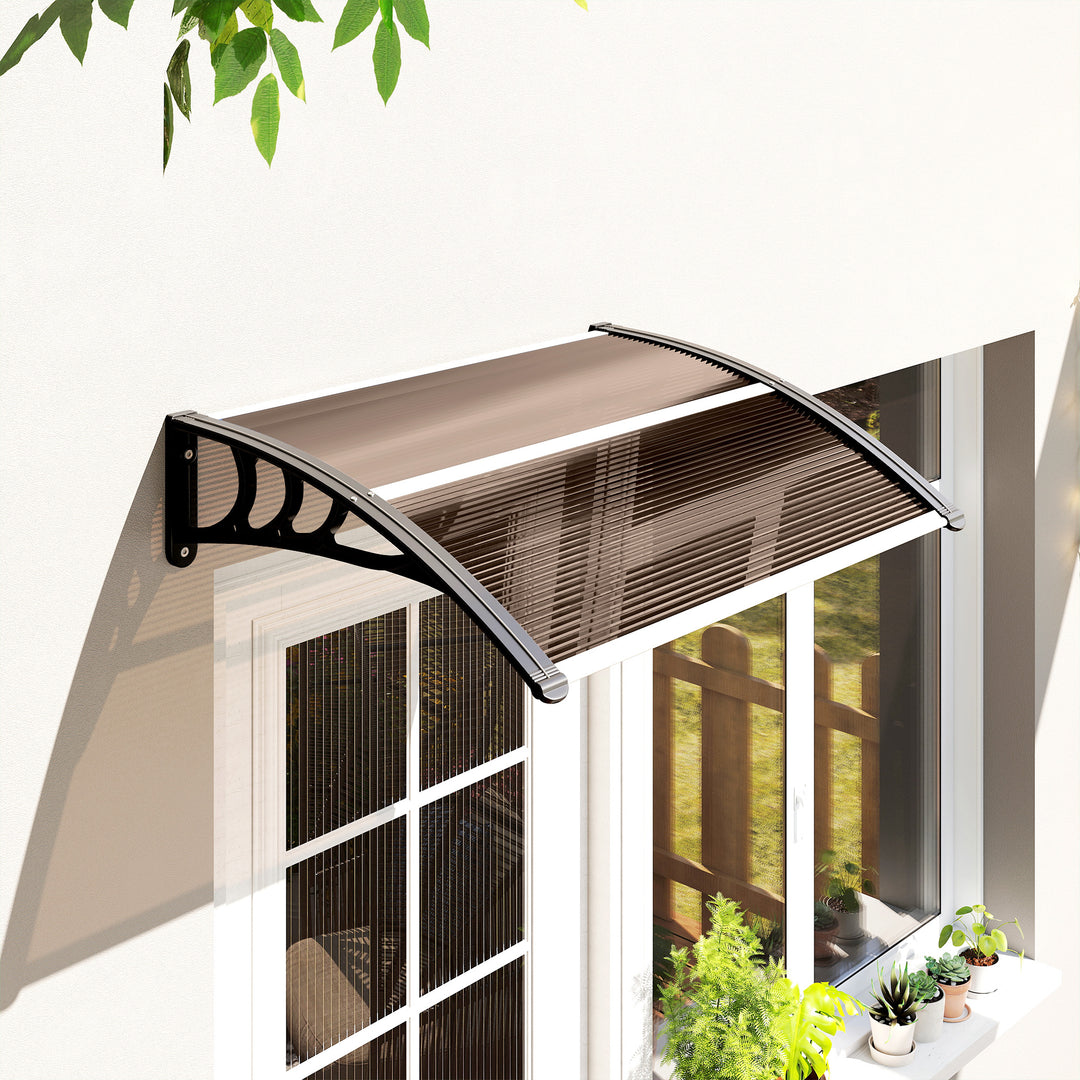 MCL Front Door Canopy Outdoor Awning Aluminium Rigid Plastic Polycarbonate Rain Shelter UV Water Rain Resistant 100 x 75cm Brown