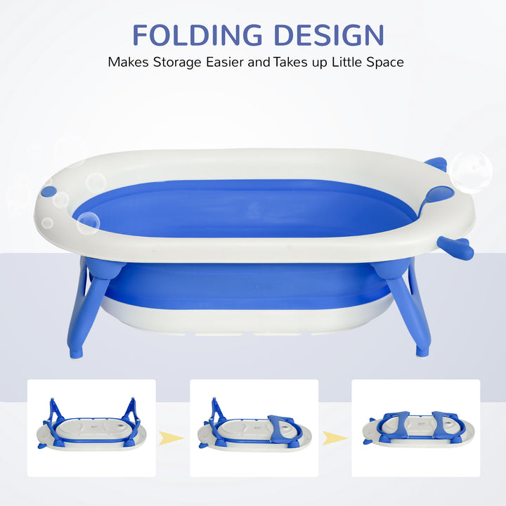 Foldable Baby Bathtub Set, Collapsible Bath Tub with Thermostatic Water Plug, Non-Slip Support, Cushion Pad, Drain Plugs, for Newborn to 3 Years - Blue