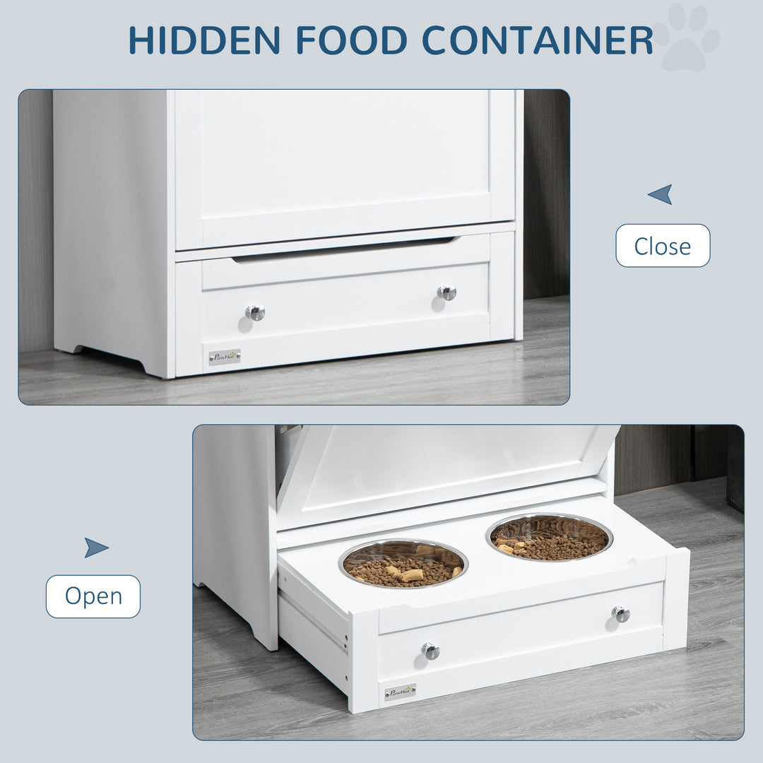 Pet Feeder Station, Dog, Cat Storage Container, with Raised Bowls, Hanger, Cabinet - White