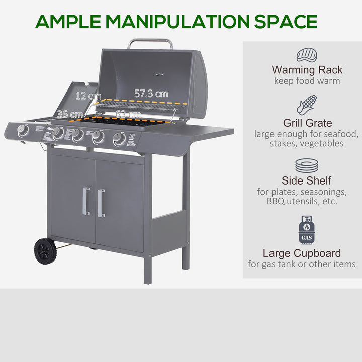 4+1 Burner Gas BBQ Grill, Outdoor Barbecue Trolley with Wheels, Warming Rack, Side Shelves, Cabinet, Thermometer for Garden, Party, Camping, 125 L x 51 W x 100 H cm, Grey