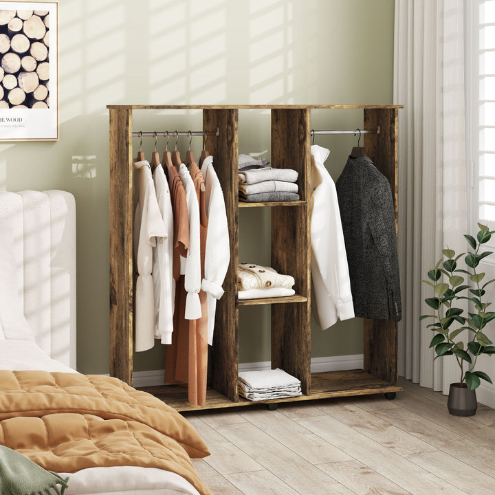 Open Wardrobe Double Mobile Storage Shelves Organizer W/6 Wheels-Rustic Brown