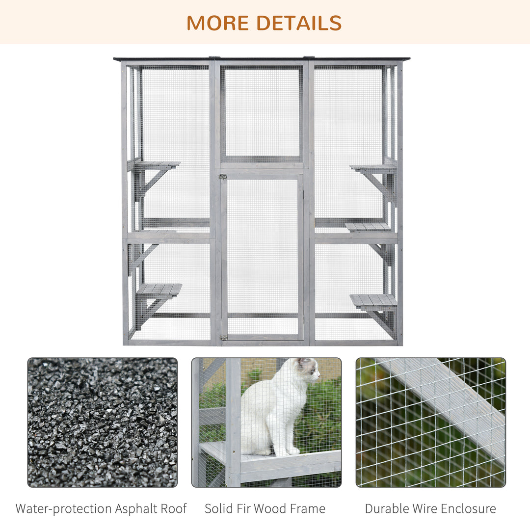 Wooden Catio Cat Outdoor Enclosure, Cat Cage with Waterproof Roof, Platforms, for Multiple Kittens, 180 x 98 x 180 cm