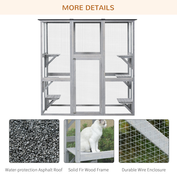 Wooden Catio Cat Outdoor Enclosure, Cat Cage with Waterproof Roof, Platforms, for Multiple Kittens, 180 x 98 x 180 cm
