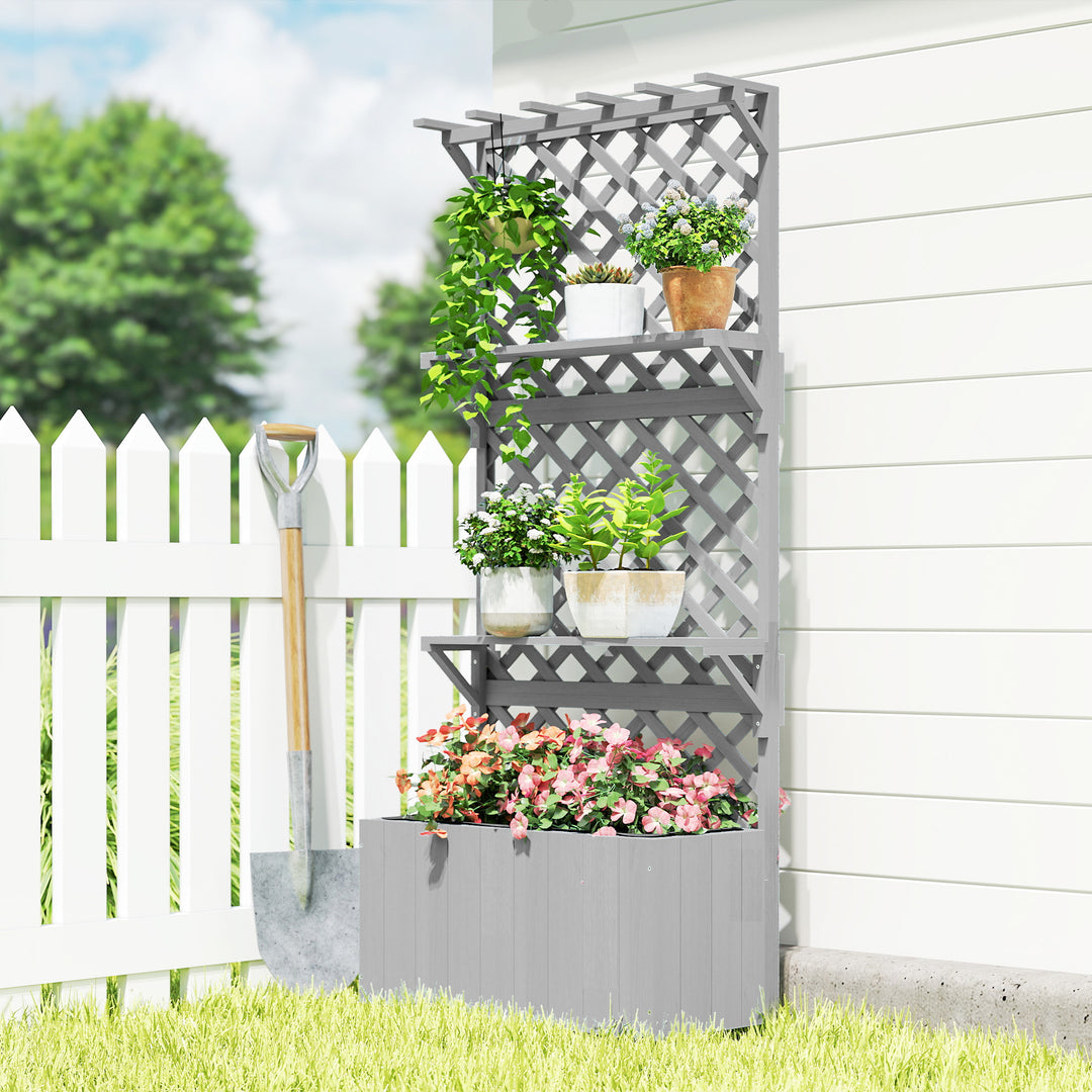 52L Wooden Planter, with Trellis and Shelves - Natural Finish