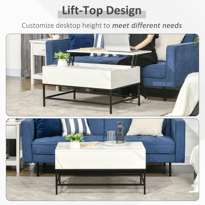 HOMCOM Modern Lifting Coffee Table with Hidden Compartment, Storage Coffee Table for Living Room, Faux Marble White