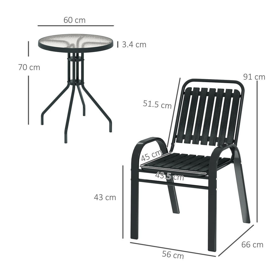 3 Pieces Patio Bistro Set with Stackable Chairs, Tempered Glass Table, for Outdoor, Balcony, Patio, Garden Charcoal Grey